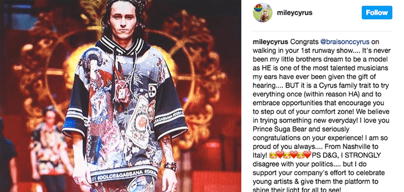 DOLCE &amp; GABBANA 對 Miley Cyrus 開炮了！Cyrus 弟弟成炮灰！